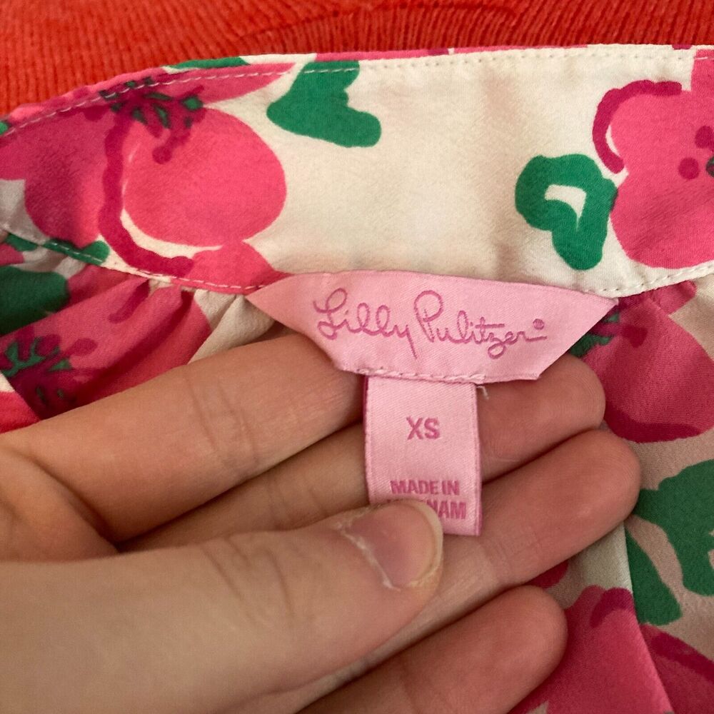 Lilly Pulitzer Shirt Women Sz XS White Pink Green Floral Gold Button Popover Top - Picture 5 of 9